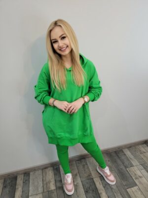 Zielony, bawełniany komplet bluza + prążkowane legginsy