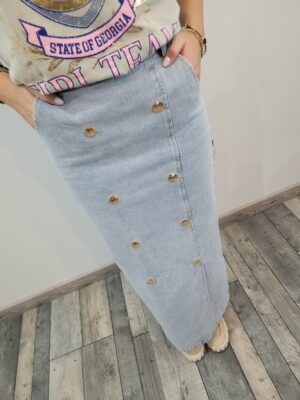 Jeansowa długa spódnica zdobiona złotymi guzikami z przodu S M L